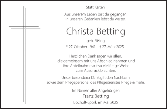Traueranzeige von Christa Betting 