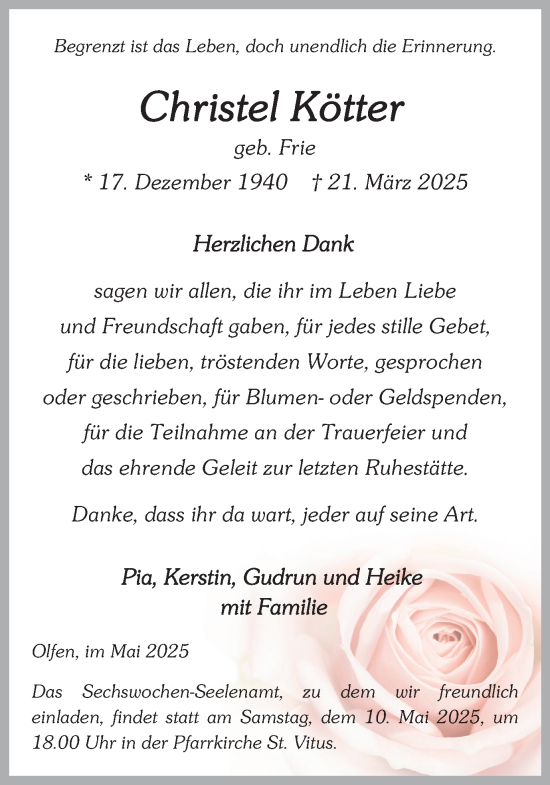 Traueranzeige von Christel Kötter von Ruhr Nachrichten