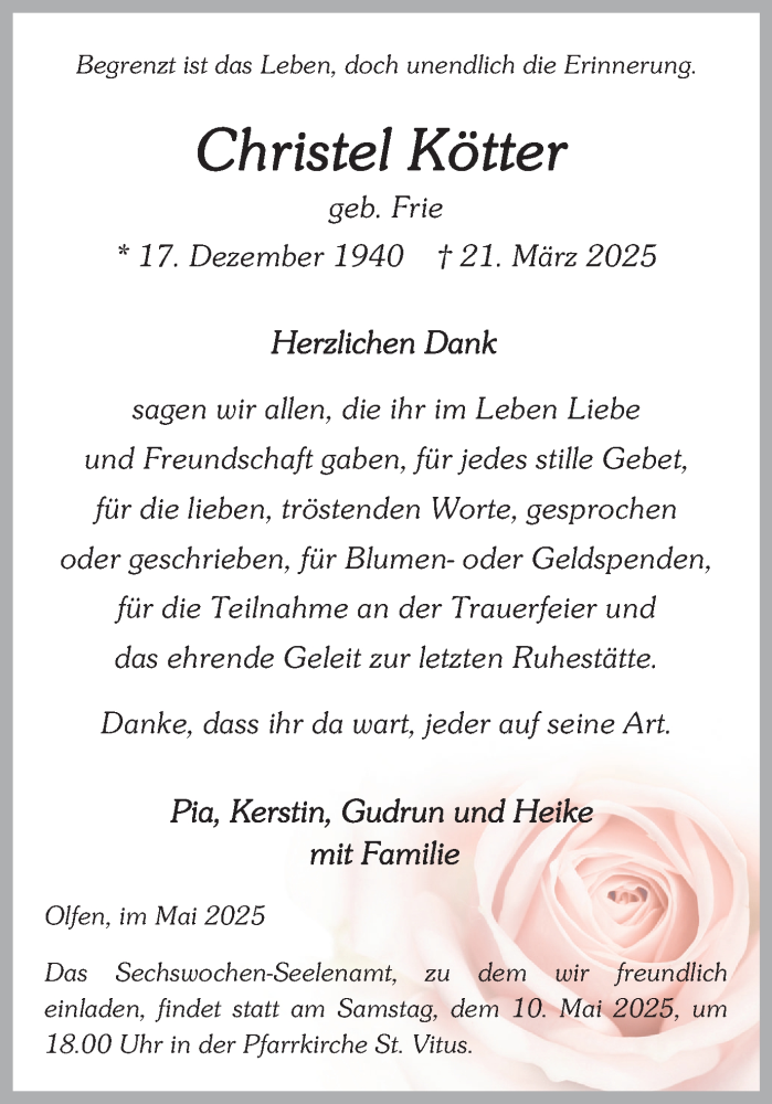  Traueranzeige für Christel Kötter vom 03.05.2025 aus Ruhr Nachrichten