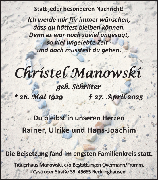 Traueranzeige von Christel Manowski von Trauer Vest