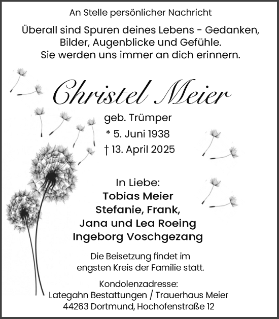 Traueranzeige von Christel Meier von Ruhr Nachrichten