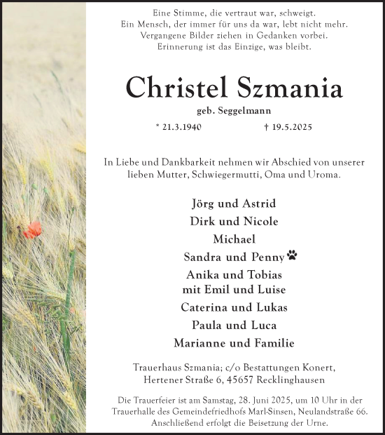 Traueranzeige von Christel Szmania von Trauer Vest