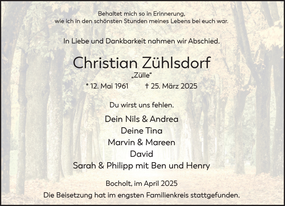  Traueranzeige für Christian Zühlsdorf vom 19.04.2025 aus 
