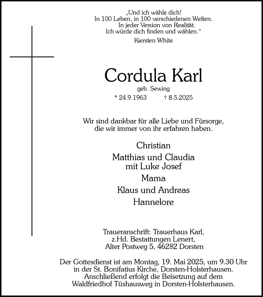  Traueranzeige für Cordula Karl vom 15.05.2025 aus Ruhr Nachrichten und Dorstener Zeitung