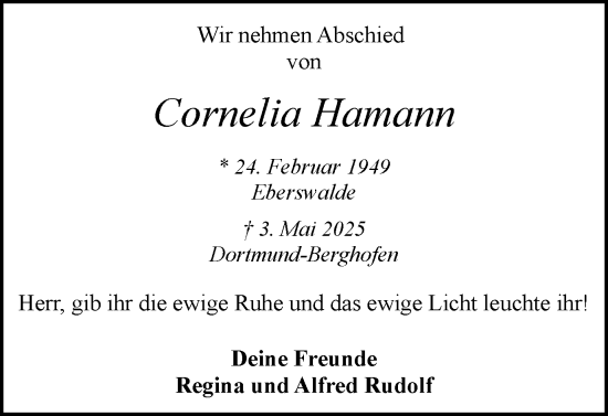 Traueranzeige von Cornelia Hamann von Ruhr Nachrichten