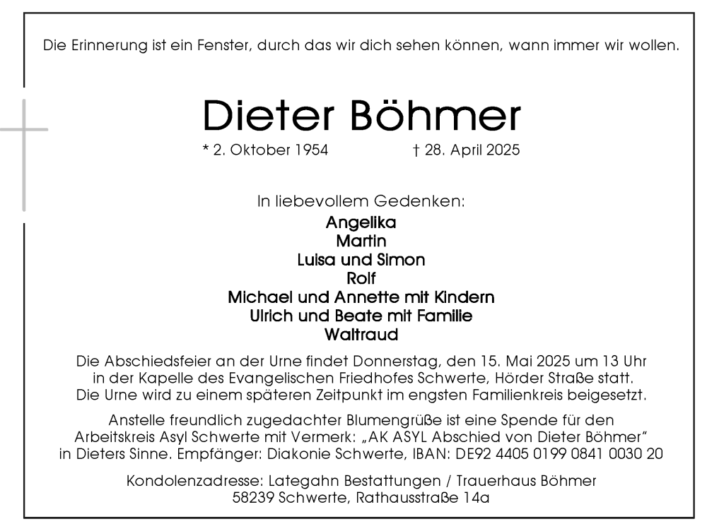  Traueranzeige für Dieter Böhmer vom 10.05.2025 aus Ruhr Nachrichten