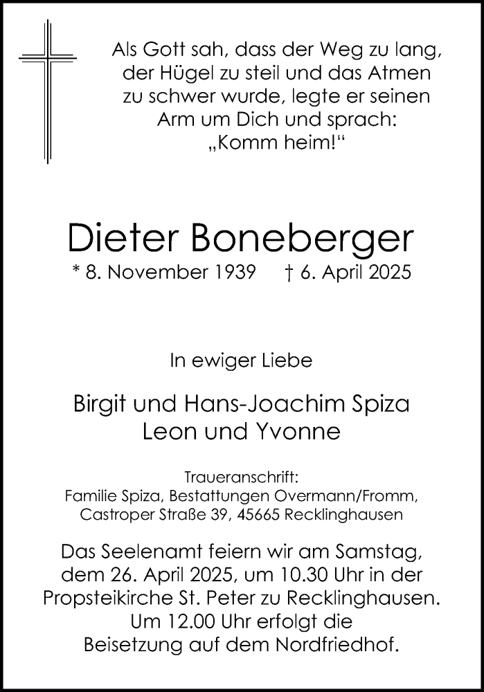  Traueranzeige für Dieter Boneberger vom 19.04.2025 aus Trauer Vest