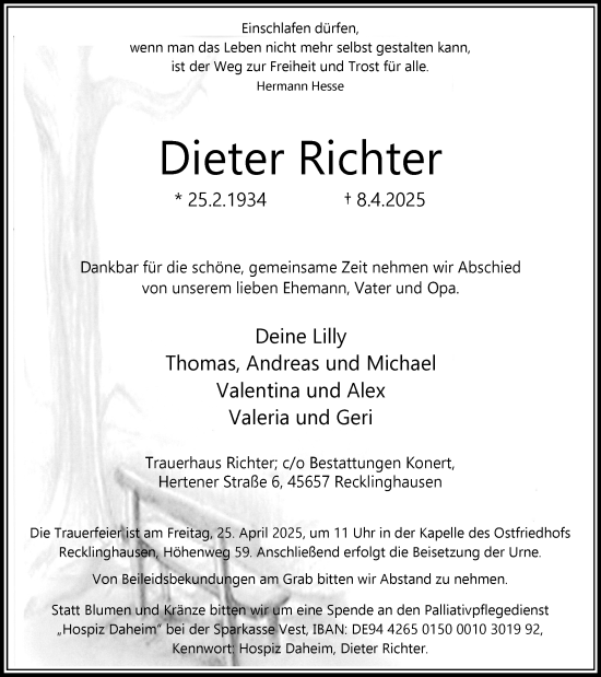 Traueranzeige von Dieter Richter von Trauer Vest
