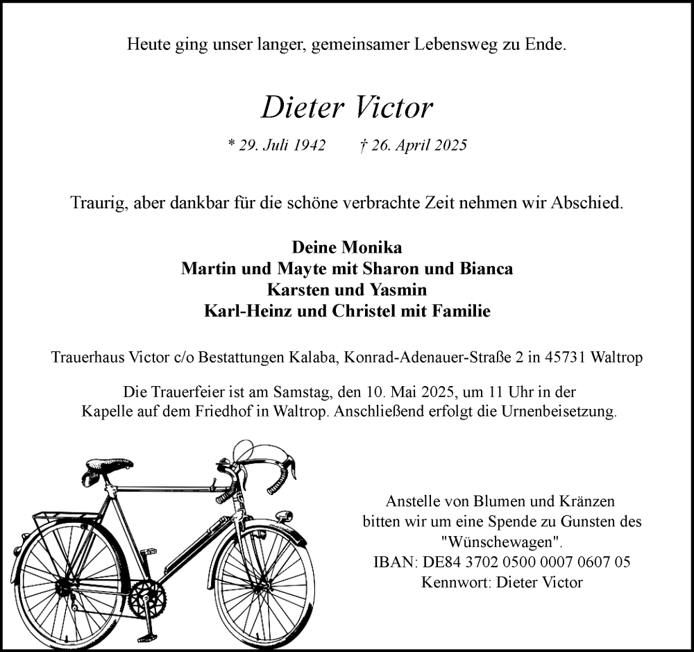  Traueranzeige für Dieter Victor vom 07.05.2025 aus Trauer Vest