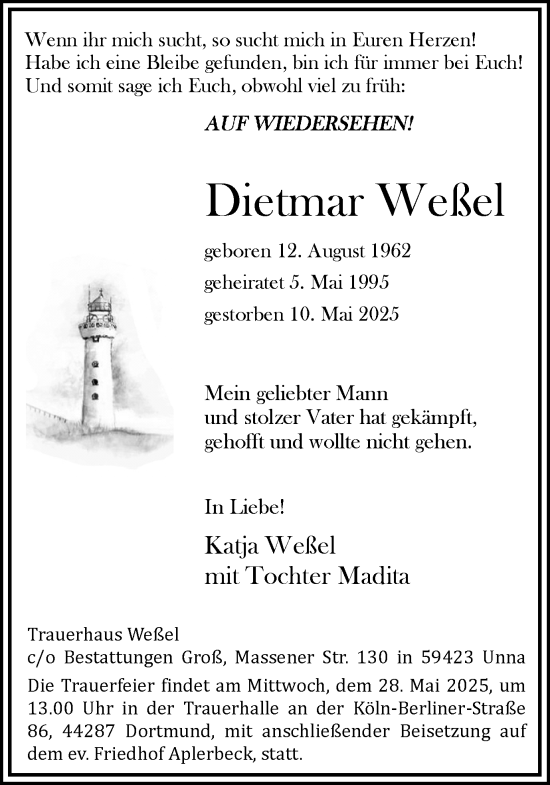 Traueranzeige von Dietmar Wessel von Ruhr Nachrichten