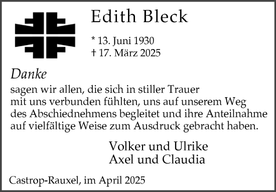 Traueranzeige von Edith Bleck von Stadtanzeiger Castrop-Rauxel