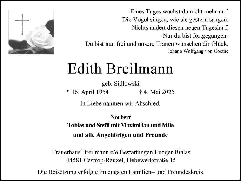  Traueranzeige für Edith Breilmann vom 24.05.2025 aus Stadtanzeiger Castrop-Rauxel