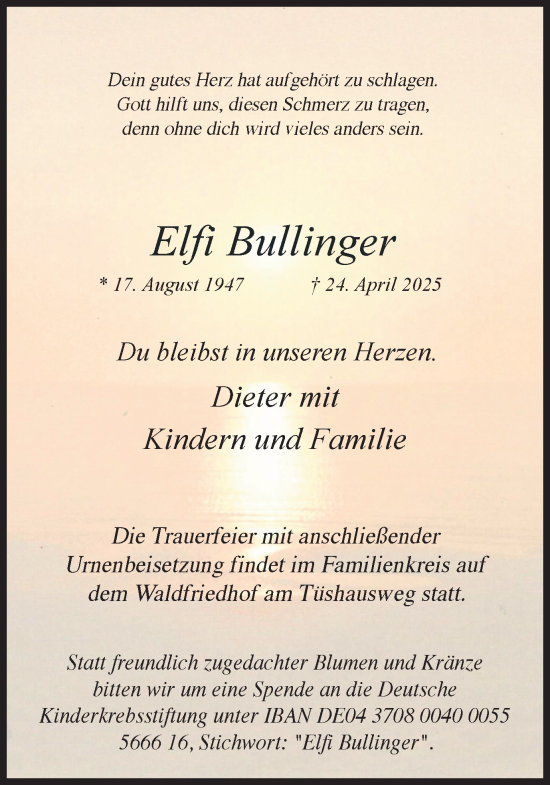 Traueranzeige von Elfi Bullinger von Ruhr Nachrichten und Dorstener Zeitung