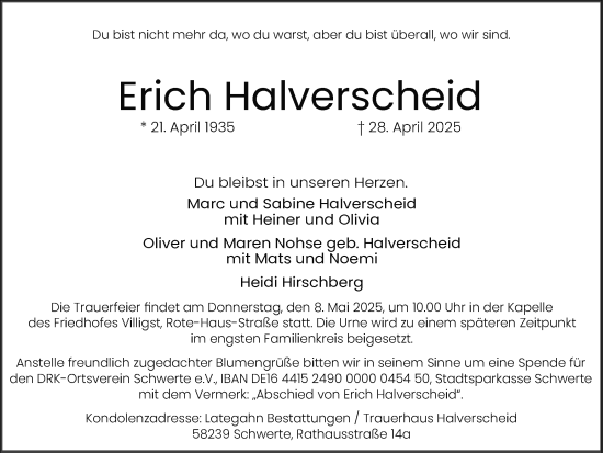 Traueranzeige von Erich Halverscheid von Ruhr Nachrichten