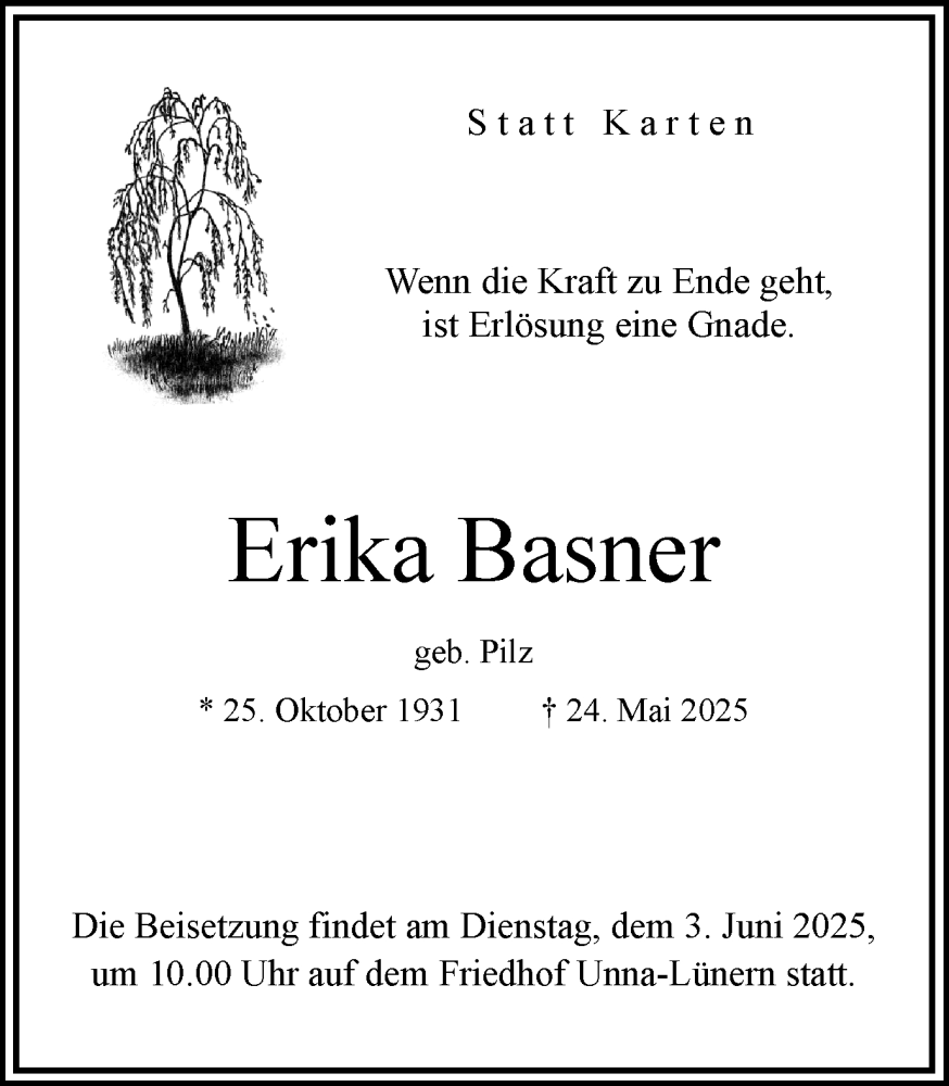  Traueranzeige für Erika Basner vom 31.05.2025 aus Hellweger Anzeiger