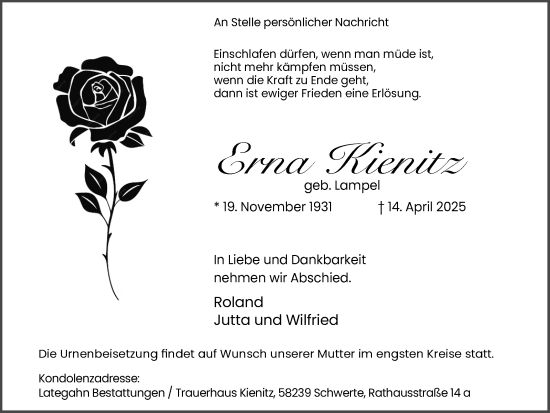 Traueranzeige von Erna Kienitz von Ruhr Nachrichten