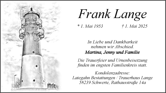 Traueranzeige von Frank Lange von Ruhr Nachrichten