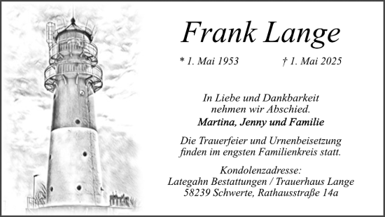Traueranzeige von Frank Lange von Ruhr Nachrichten