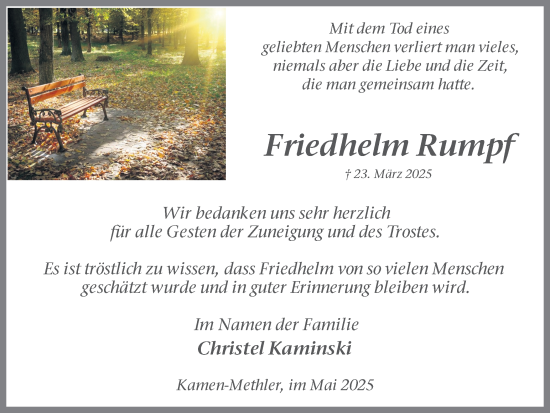 Traueranzeige von Friedhelm Rumpf von Hellweger Anzeiger