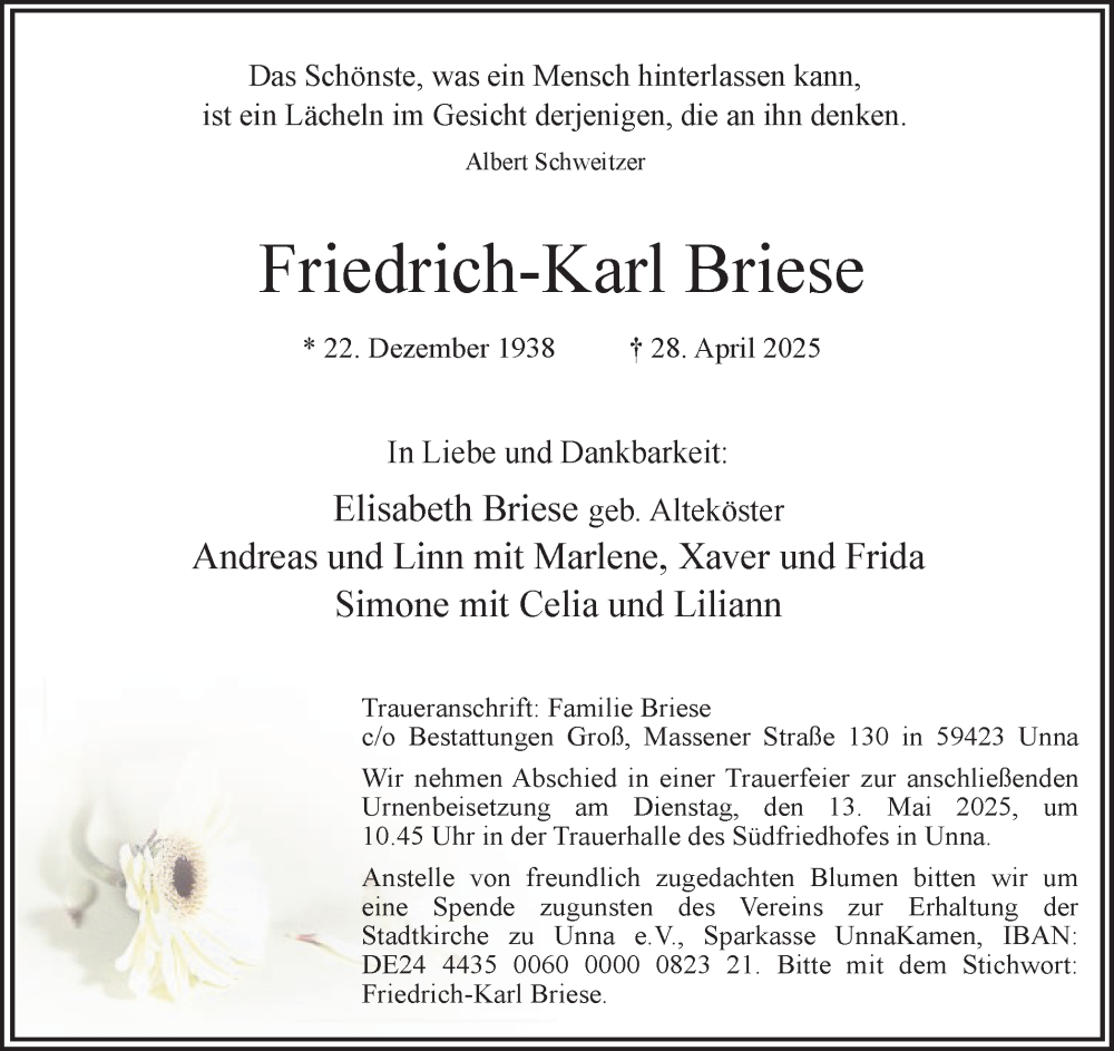  Traueranzeige für Friedrich-Karl Briese vom 03.05.2025 aus Hellweger Anzeiger