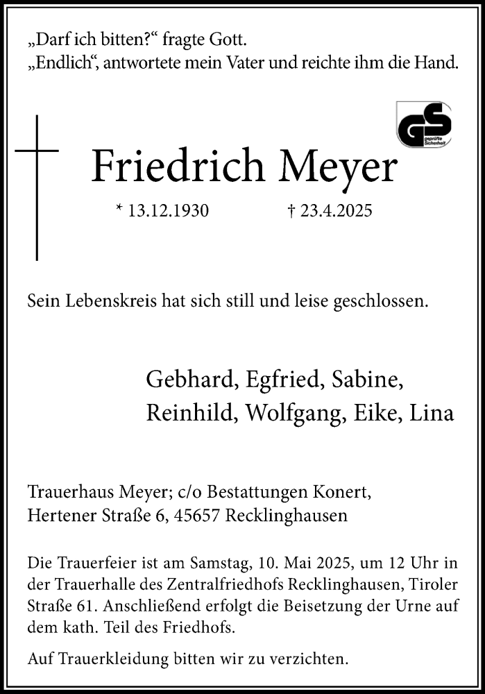  Traueranzeige für Friedrich Meyer vom 03.05.2025 aus Trauer Vest