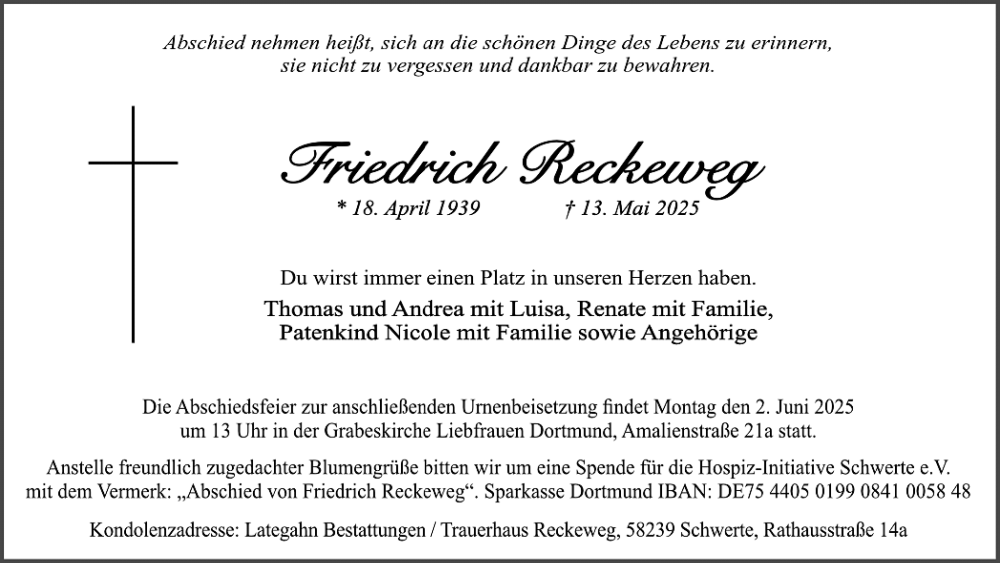  Traueranzeige für Friedrich Reckeweg vom 24.05.2025 aus Ruhr Nachrichten