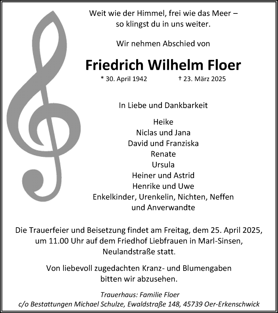  Traueranzeige für Friedrich Wilhelm Floer vom 19.04.2025 aus Trauer Vest