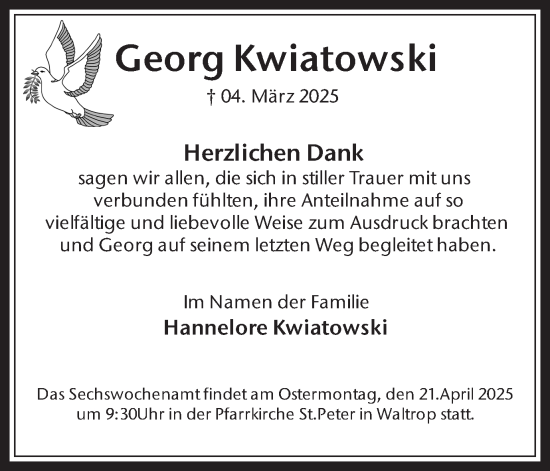 Traueranzeige von Georg Kwiatowski von Trauer Vest