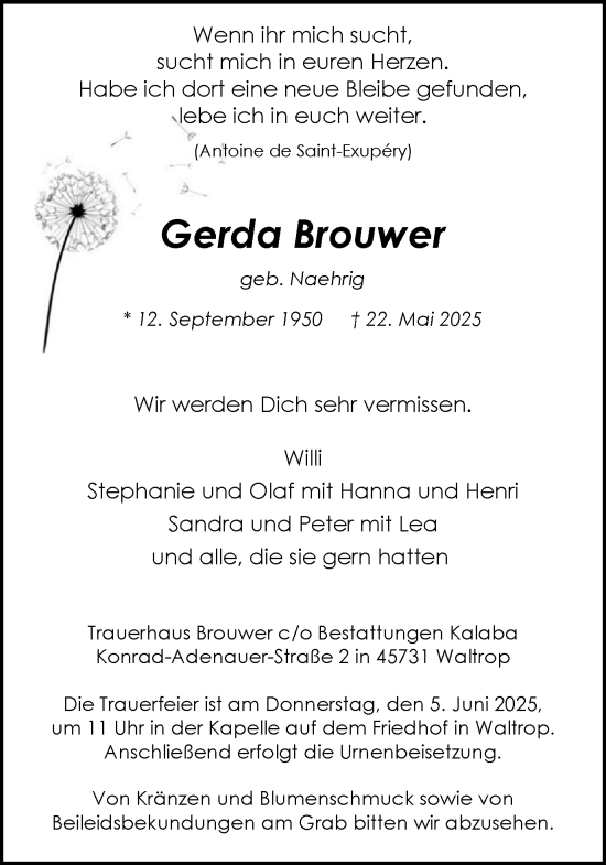 Traueranzeige von Gerda Brouwer von Trauer Vest