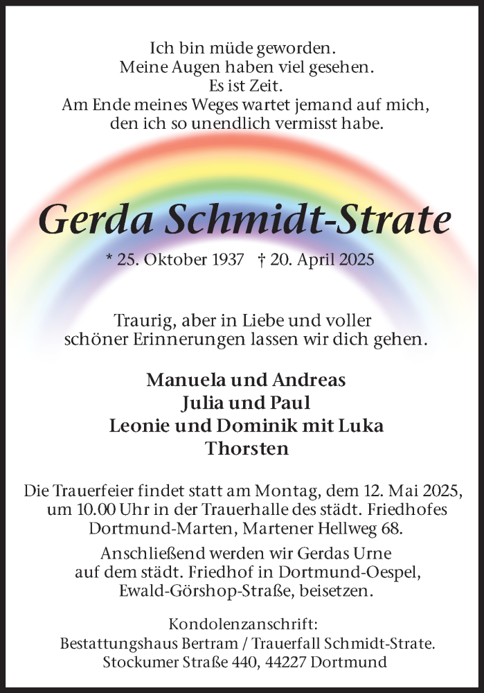  Traueranzeige für Gerda Schmidt-Strate vom 03.05.2025 aus Ruhr Nachrichten
