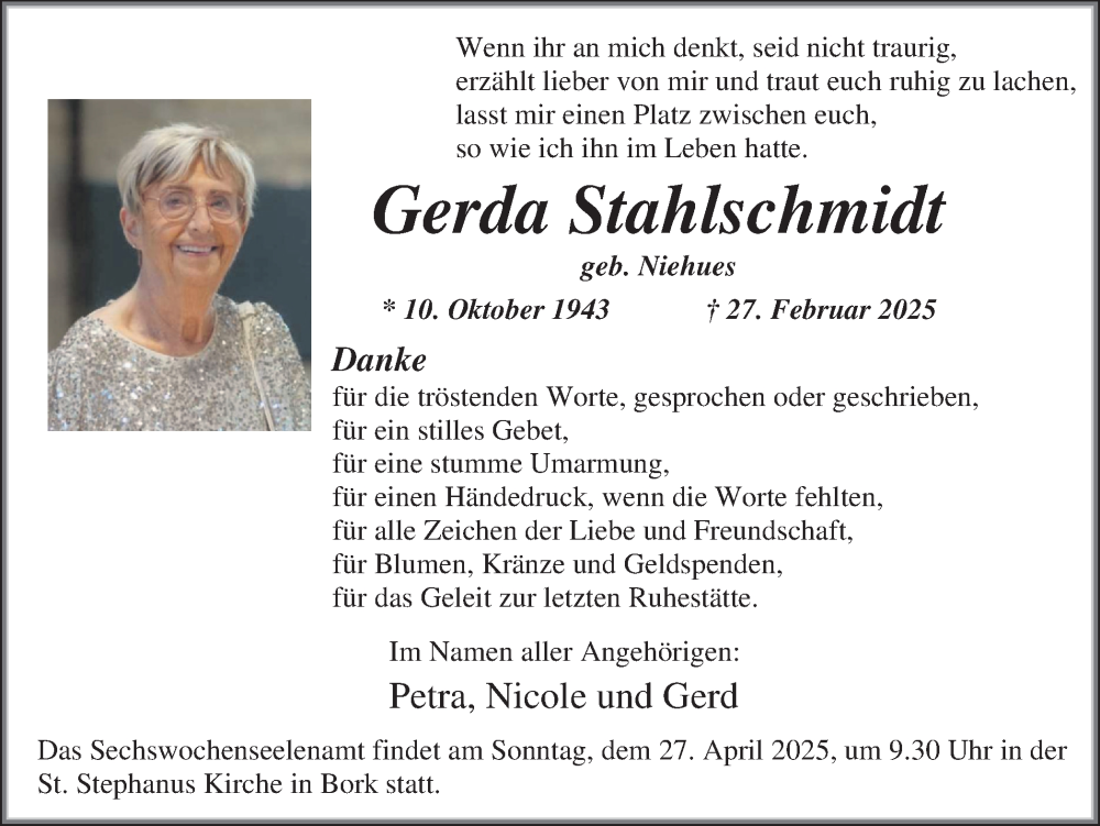  Traueranzeige für Gerda Stahlschmidt vom 19.04.2025 aus Ruhr Nachrichten