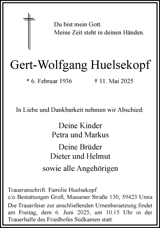 Traueranzeige von Gert-Wolfgang Huelsekopf von Hellweger Anzeiger