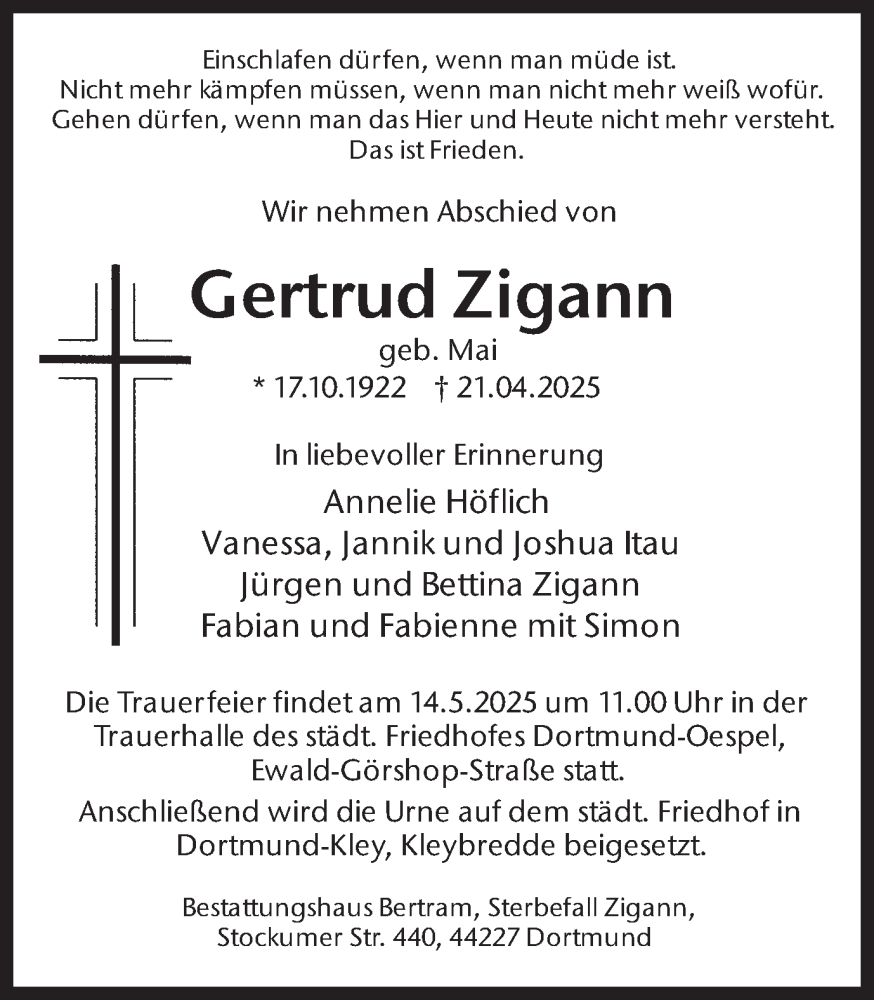  Traueranzeige für Gertrud Zigann vom 10.05.2025 aus Ruhr Nachrichten