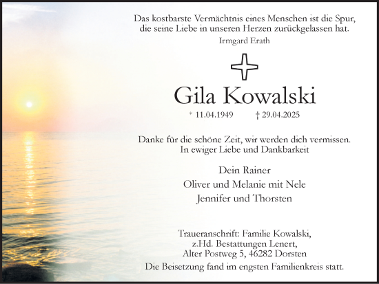 Traueranzeige von Gila Kowalski von Ruhr Nachrichten und Dorstener Zeitung
