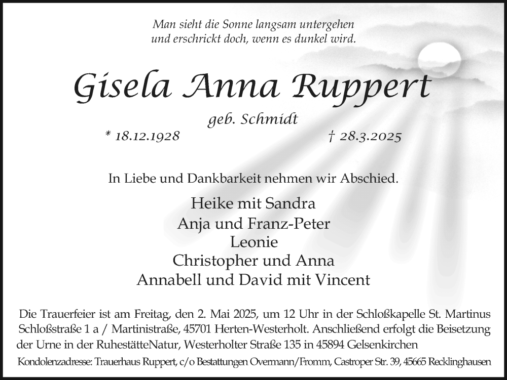  Traueranzeige für Gisela Anna Ruppert vom 19.04.2025 aus Trauer Vest