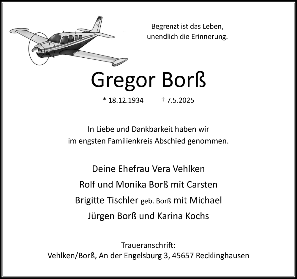  Traueranzeige für Gregor Borß vom 31.05.2025 aus Trauer Vest
