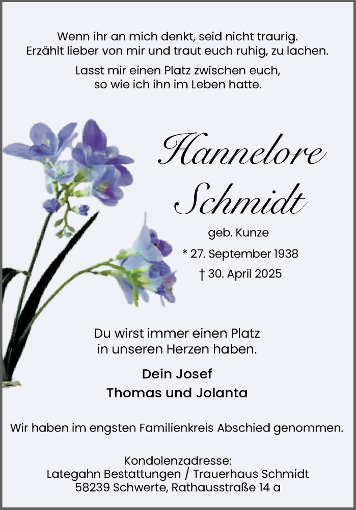  Traueranzeige für Hannelore Schmidt vom 17.05.2025 aus Ruhr Nachrichten
