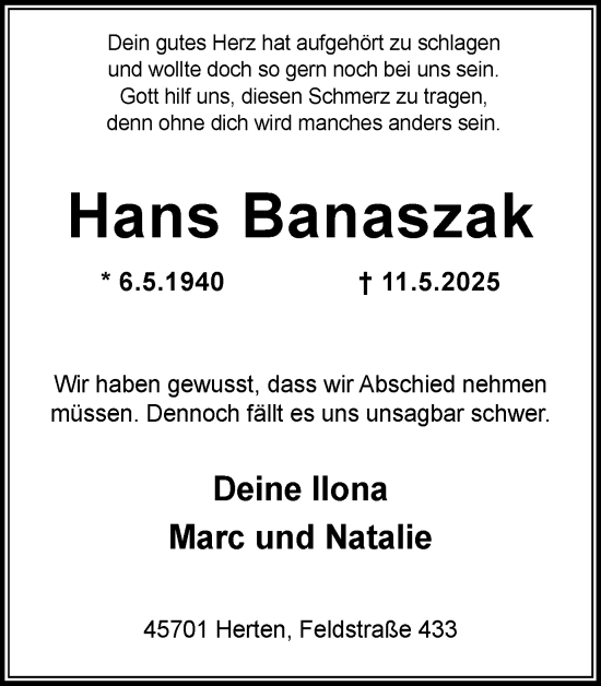 Traueranzeige von Hans Banaszak von Trauer Vest