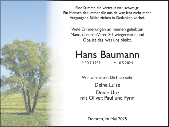 Traueranzeige von Hans Baumann von Ruhr Nachrichten und Dorstener Zeitung