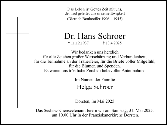 Traueranzeige von Hans Schroer von Ruhr Nachrichten und Dorstener Zeitung