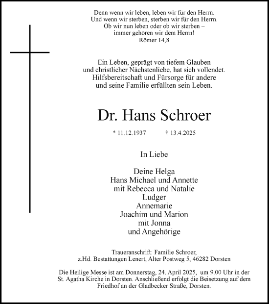 Traueranzeige von Hans Schroer von Ruhr Nachrichten und Dorstener Zeitung