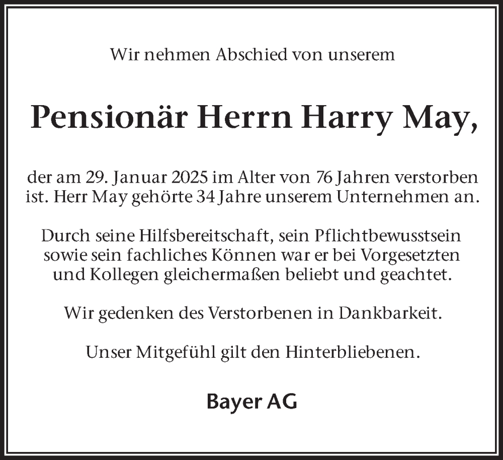  Traueranzeige für Harry May vom 19.04.2025 aus Hellweger Anzeiger