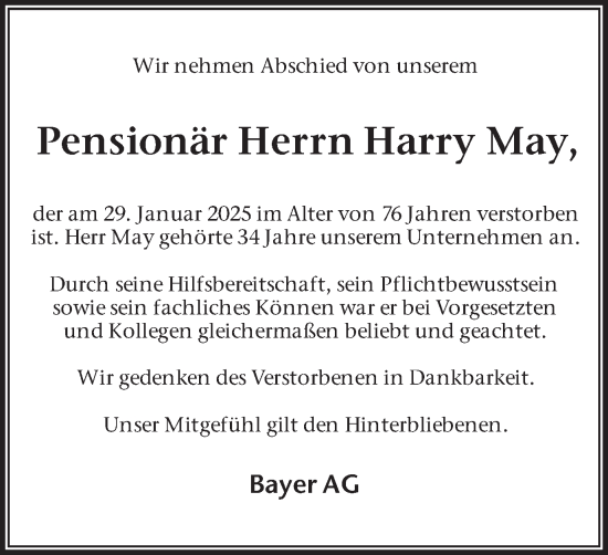 Traueranzeige von Harry May von Hellweger Anzeiger