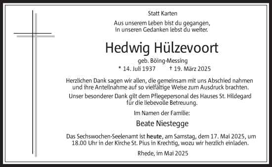 Traueranzeige von Hedwig Hülzevoort 