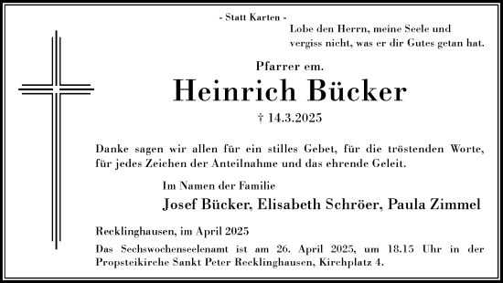 Traueranzeige von Heinrich Bücker von Trauer Vest