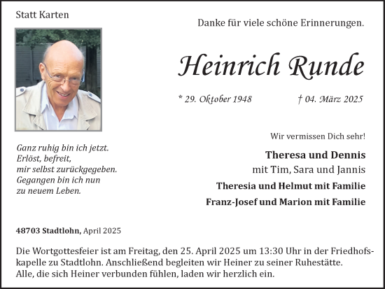 Traueranzeige von Heinrich Runde von Münsterland Zeitung