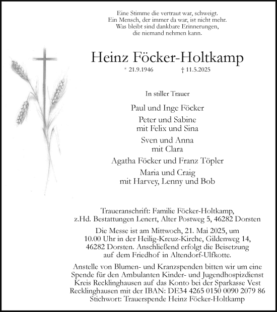 Traueranzeige von Heinz Föcker-Holtkamp von Ruhr Nachrichten und Dorstener Zeitung