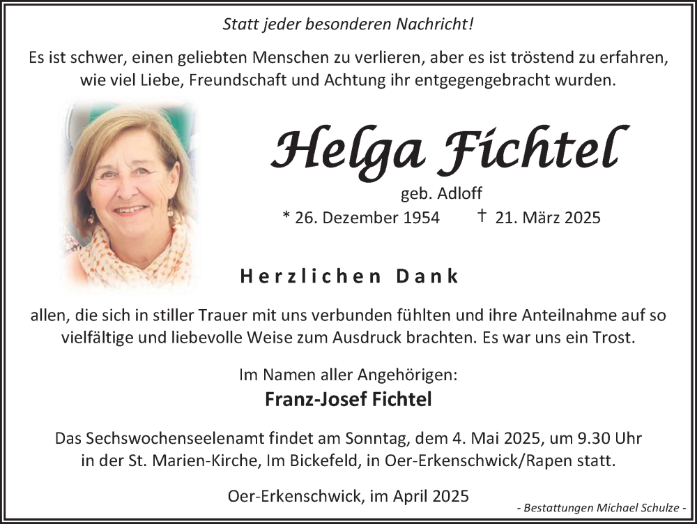 Traueranzeige für Helga Fichtel vom 19.04.2025 aus Trauer Vest