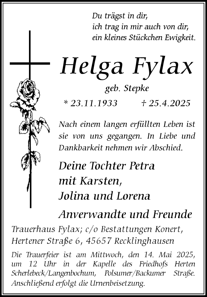  Traueranzeige für Helga Fylax vom 10.05.2025 aus Trauer Vest
