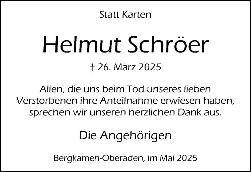  Traueranzeige für Helmut Schröer vom 03.05.2025 aus Hellweger Anzeiger